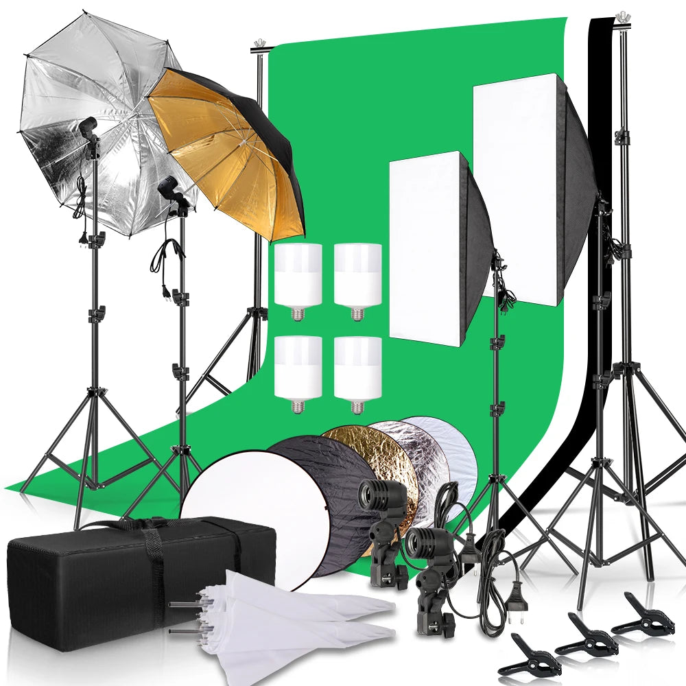 Kit Estúdio Fotográfico Profissional 2.6x3m: Softbox, Suporte de Fundo e Tripés Reforçados