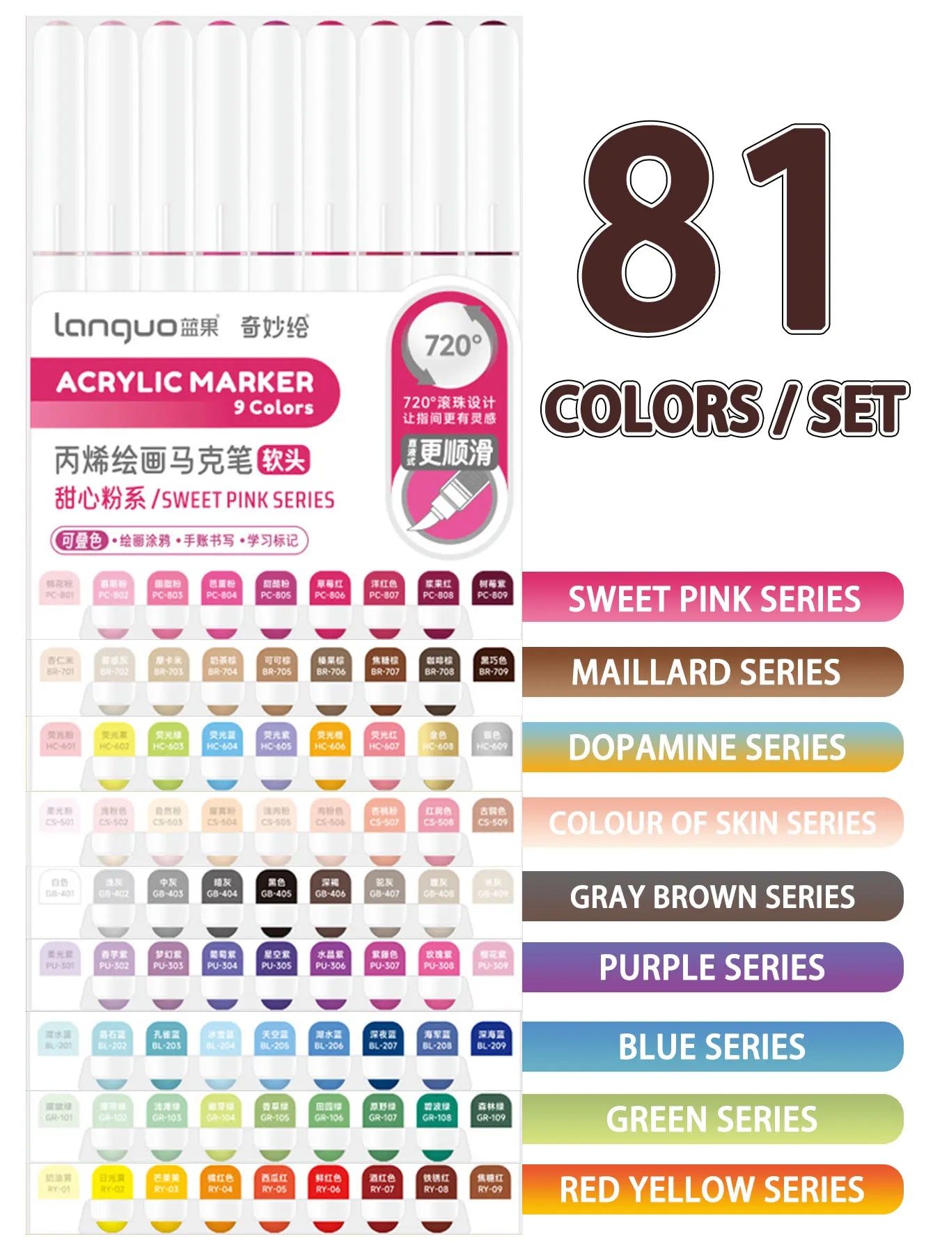 Conjunto 9 Canetas Acrílicas Languo M720 – Pintura Fluida + Pincéis Super Resistentes