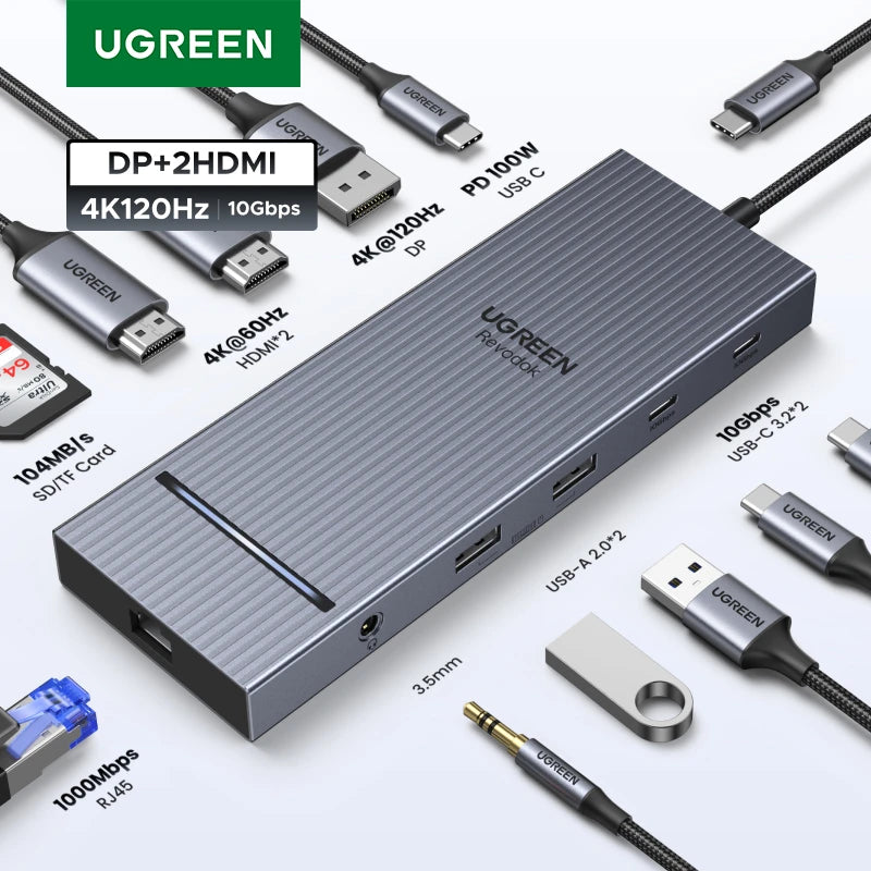 Dock Station UGREEN 4K 120Hz/60Hz: Hub USB 3.2 Gen2 10Gbps p/ Dell HP Lenovo