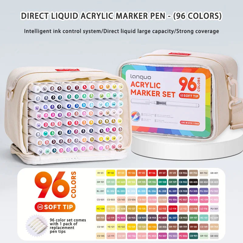 Conjunto 9 Canetas Acrílicas Languo M720 – Pintura Fluida + Pincéis Super Resistentes