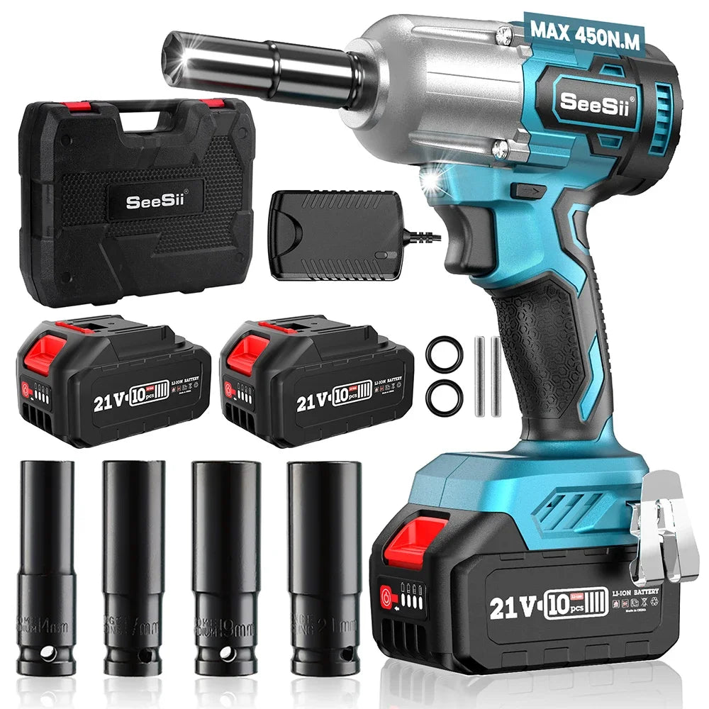 Chave de Impacto Seesii 450N.m Brushless: Alta Performance 1/2" com 2 Baterias 4.0Ah