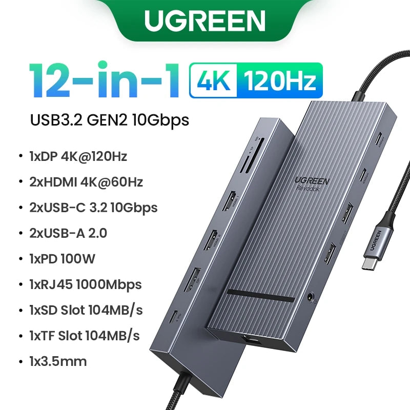 Dock Station UGREEN 4K 120Hz/60Hz: Hub USB 3.2 Gen2 10Gbps p/ Dell HP Lenovo