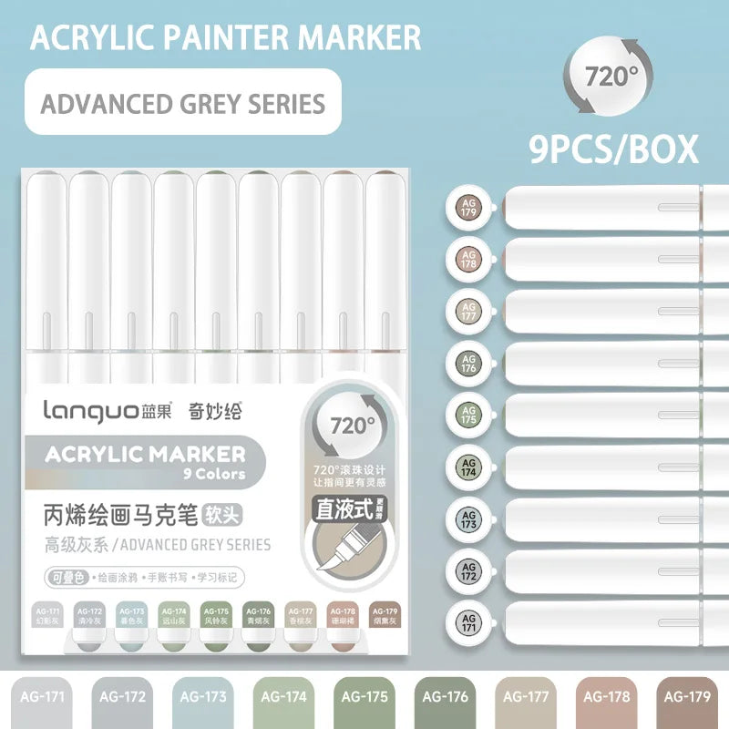 Conjunto 9 Canetas Acrílicas Languo M720 – Pintura Fluida + Pincéis Super Resistentes