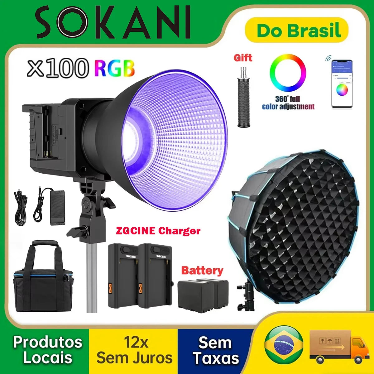 Luz de Vídeo Sokani X100 100W RGB Bi-Color: Alta Potência e Precisão p/ Estúdio