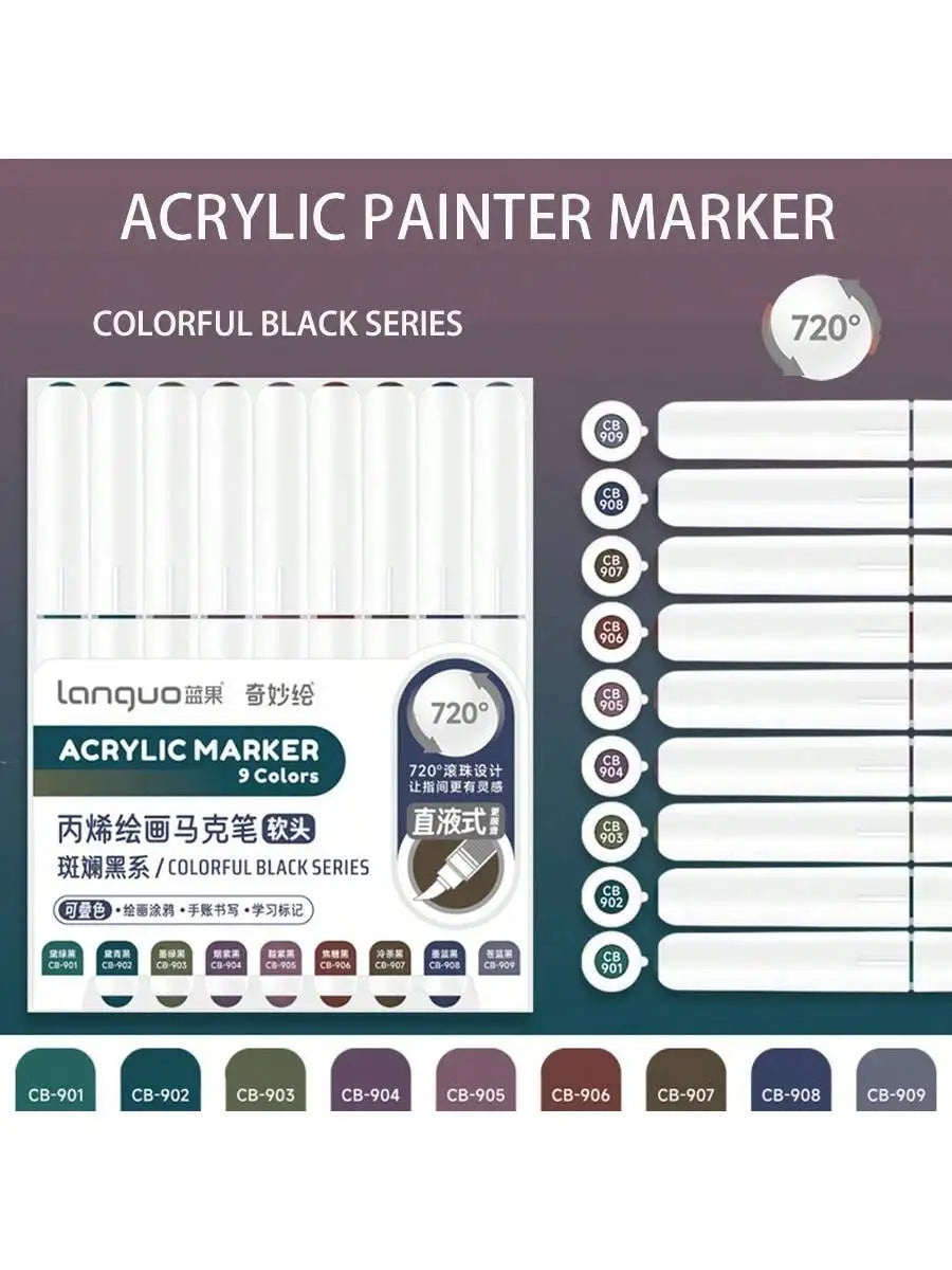 Conjunto 9 Canetas Acrílicas Languo M720 – Pintura Fluida + Pincéis Super Resistentes