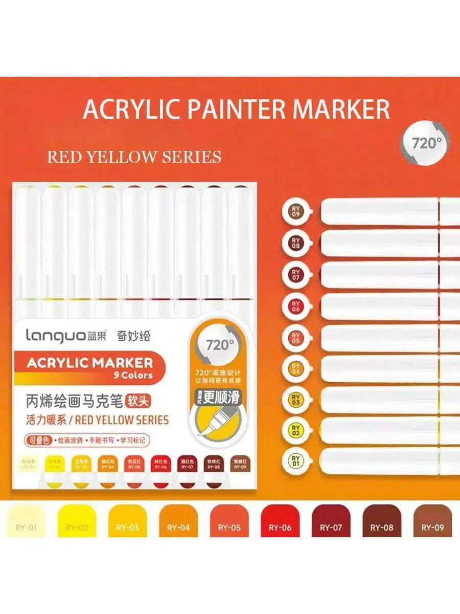 Conjunto 9 Canetas Acrílicas Languo M720 – Pintura Fluida + Pincéis Super Resistentes