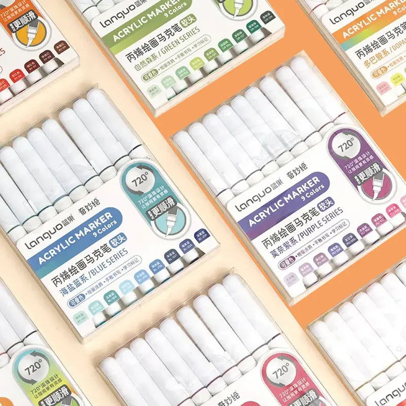 Conjunto 9 Canetas Acrílicas Languo M720 – Pintura Fluida + Pincéis Super Resistentes