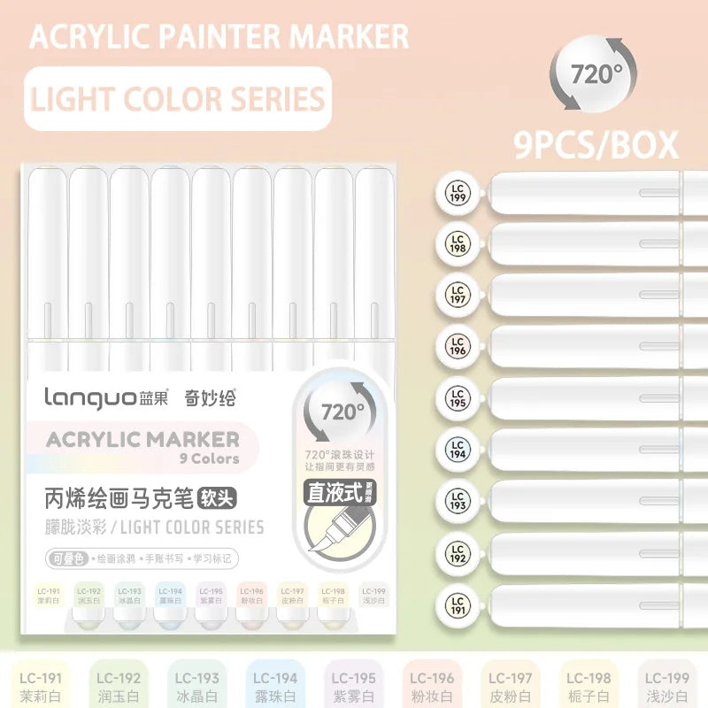 Conjunto 9 Canetas Acrílicas Languo M720 – Pintura Fluida + Pincéis Super Resistentes