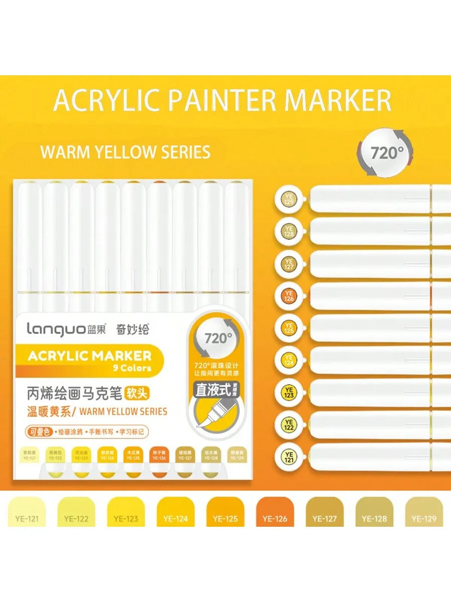 Conjunto 9 Canetas Acrílicas Languo M720 – Pintura Fluida + Pincéis Super Resistentes