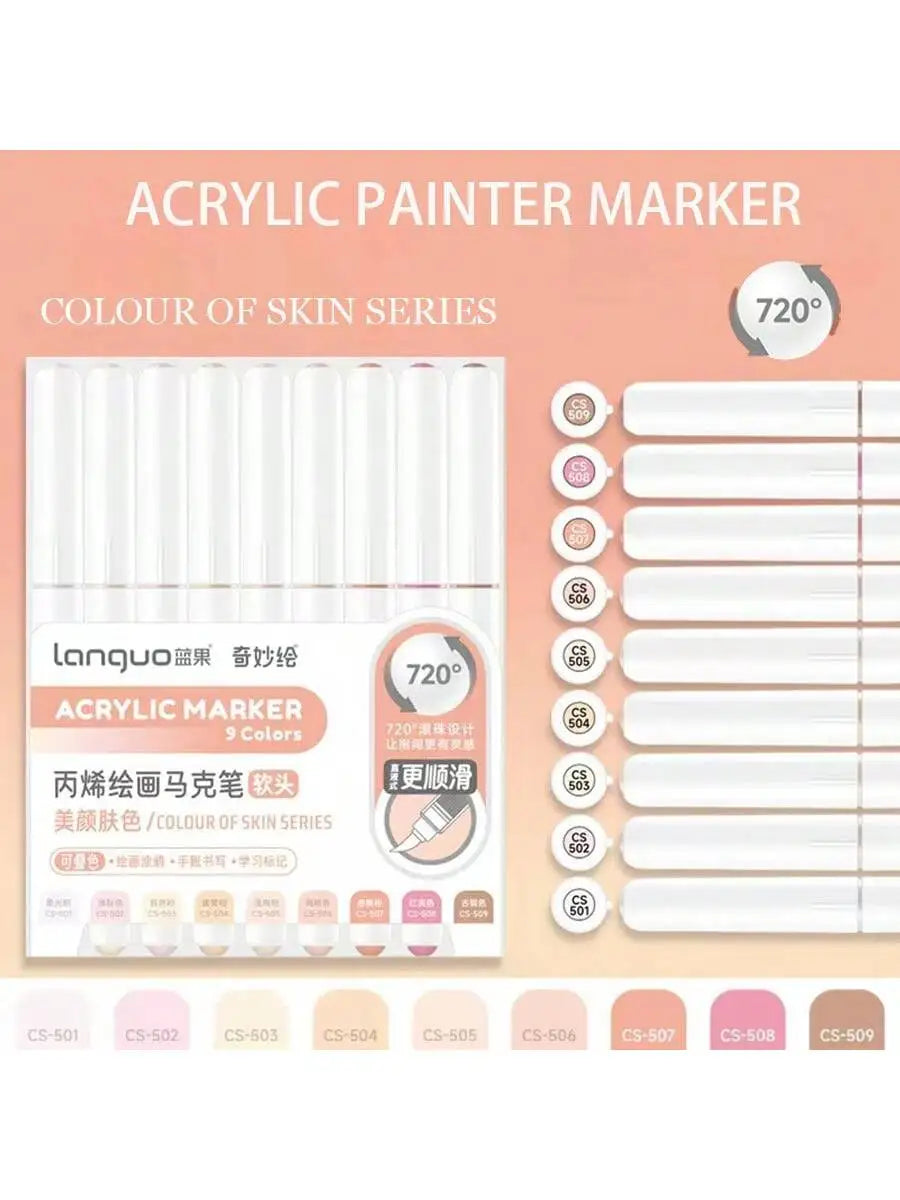 Conjunto 9 Canetas Acrílicas Languo M720 – Pintura Fluida + Pincéis Super Resistentes