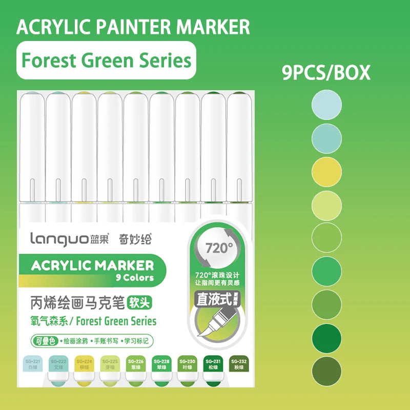 Conjunto 9 Canetas Acrílicas Languo M720 – Pintura Fluida + Pincéis Super Resistentes