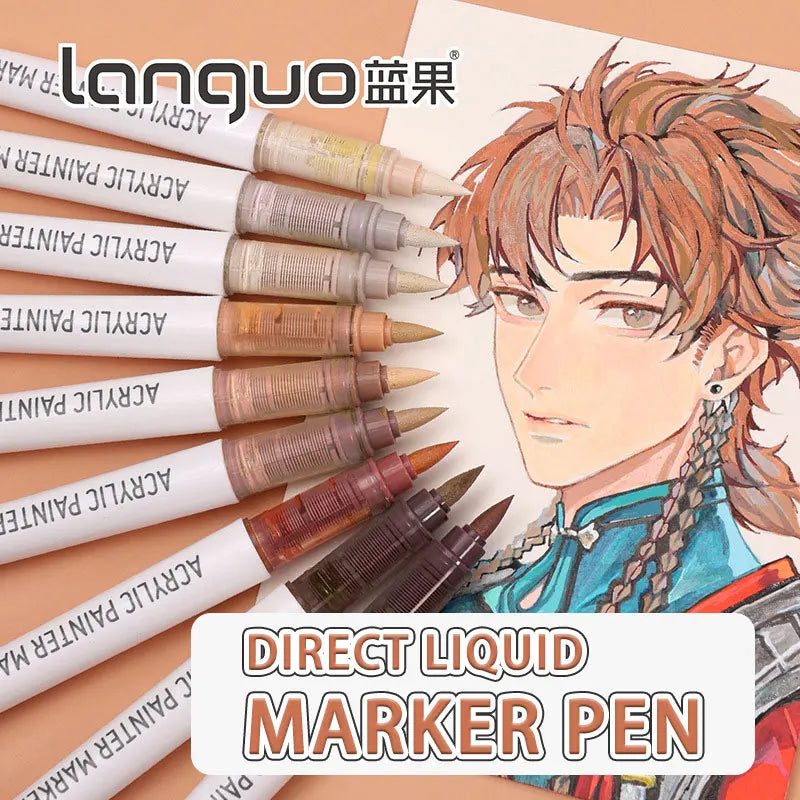 Conjunto 9 Canetas Acrílicas Languo M720 – Pintura Fluida + Pincéis Super Resistentes