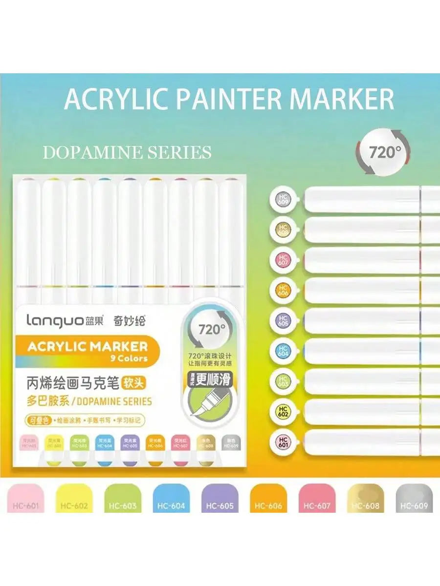 Conjunto 9 Canetas Acrílicas Languo M720 – Pintura Fluida + Pincéis Super Resistentes