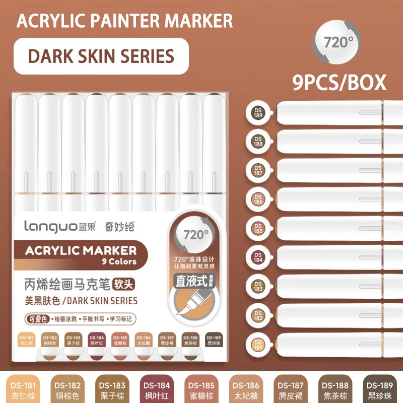 Conjunto 9 Canetas Acrílicas Languo M720 – Pintura Fluida + Pincéis Super Resistentes