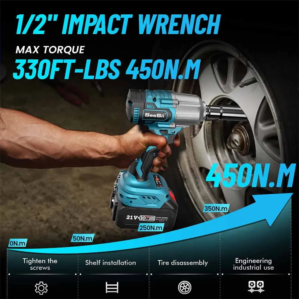Chave de Impacto Seesii 450N.m Brushless: Alta Performance 1/2" com 2 Baterias 4.0Ah