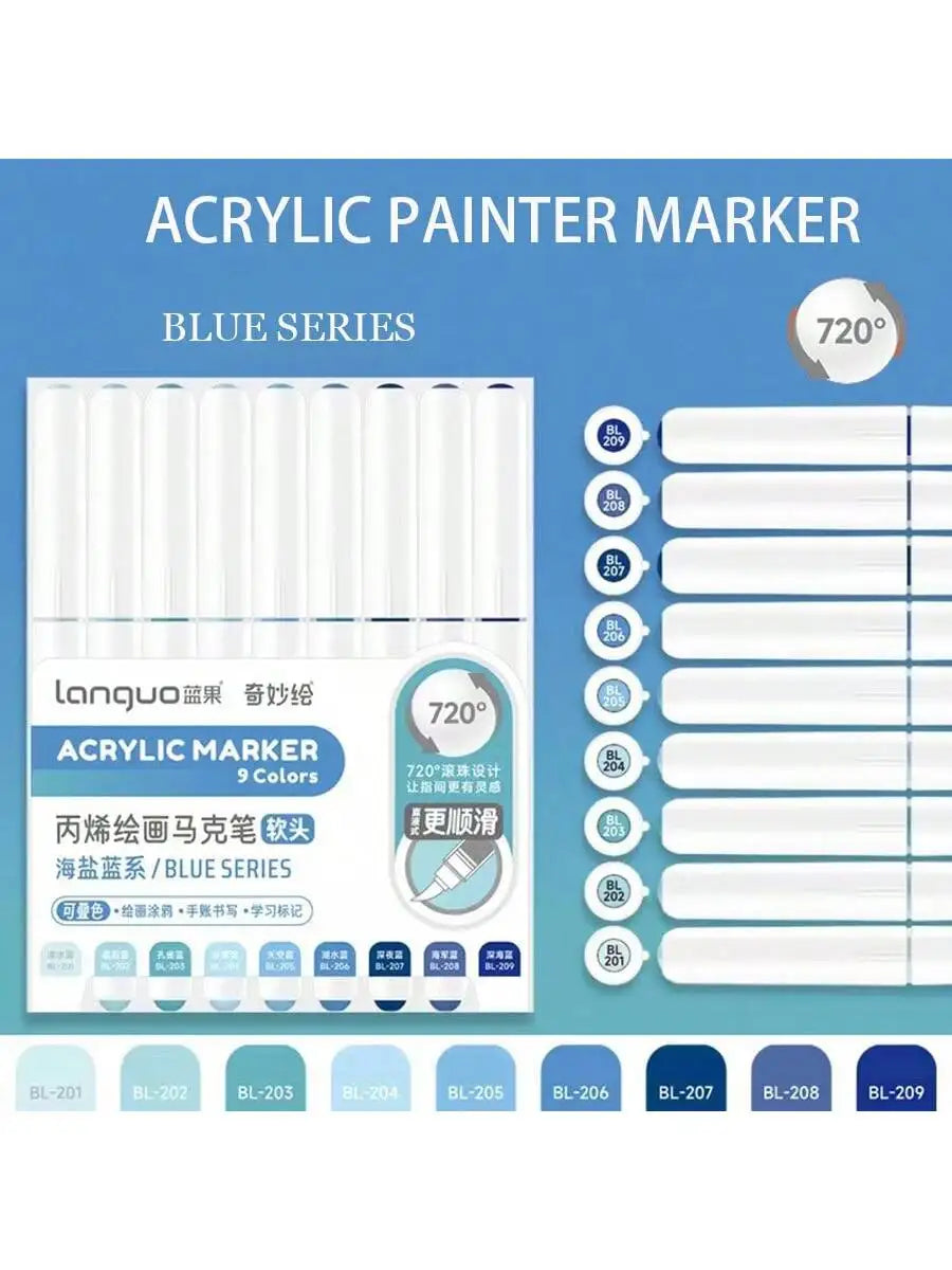 Conjunto 9 Canetas Acrílicas Languo M720 – Pintura Fluida + Pincéis Super Resistentes