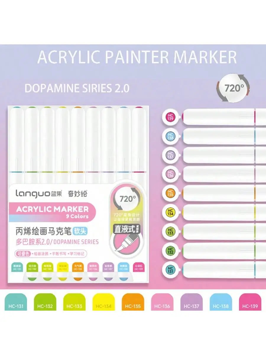 Conjunto 9 Canetas Acrílicas Languo M720 – Pintura Fluida + Pincéis Super Resistentes