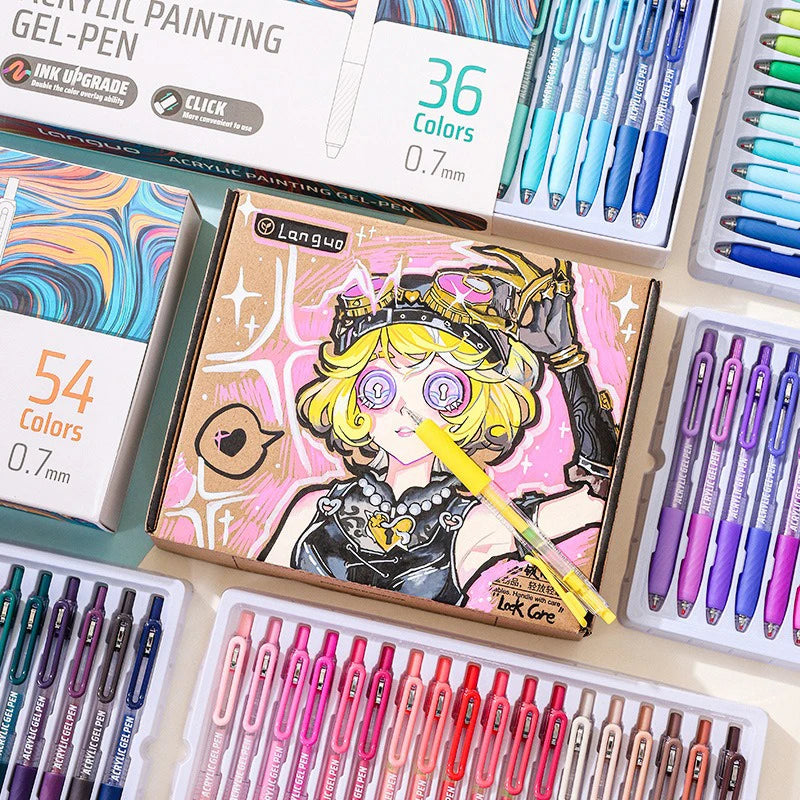 Languo 36/54/72/90 cores pintura acrílica gel canetas retrátil 0.7mm ponta manual caneta para estudante pintura graffiti escrita