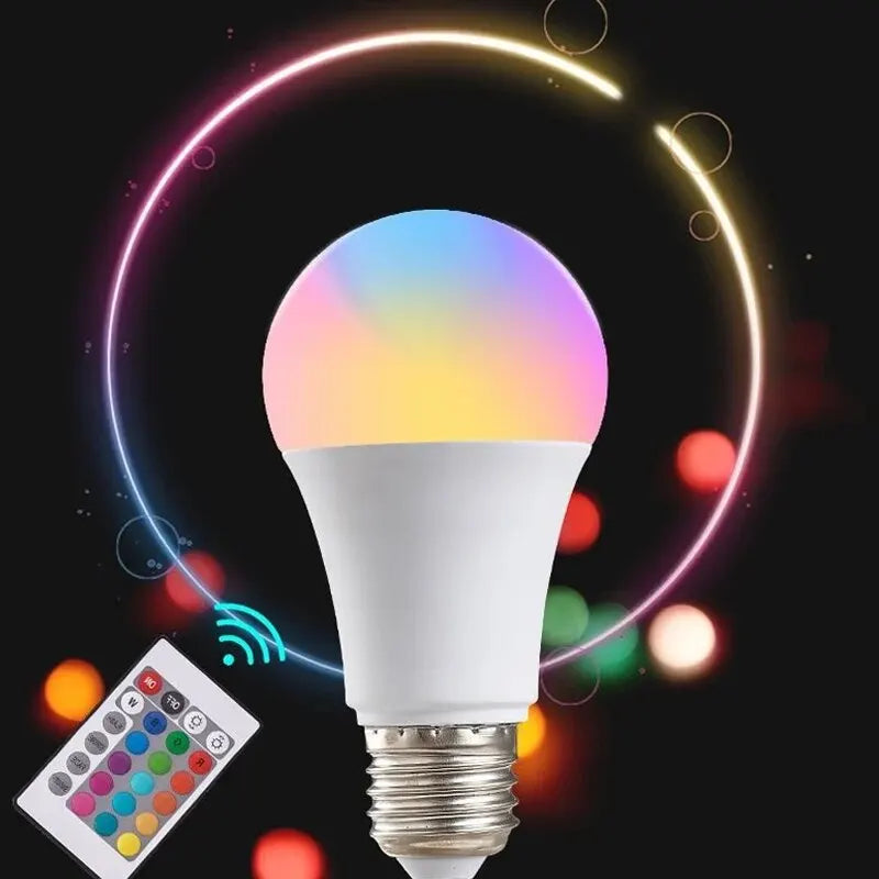 Lâmpada LED RGB 16 Cores E27 10W – Brilho Intenso, Regulável + Controle Remoto Durável