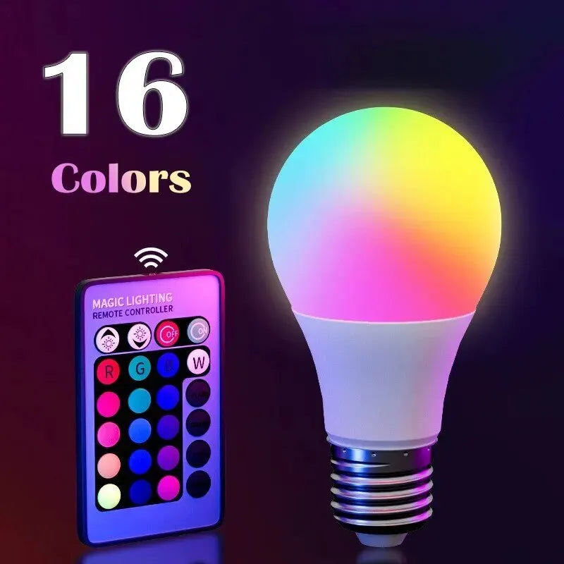 Lâmpada LED RGB 16 Cores E27 10W – Brilho Intenso, Regulável + Controle Remoto Durável