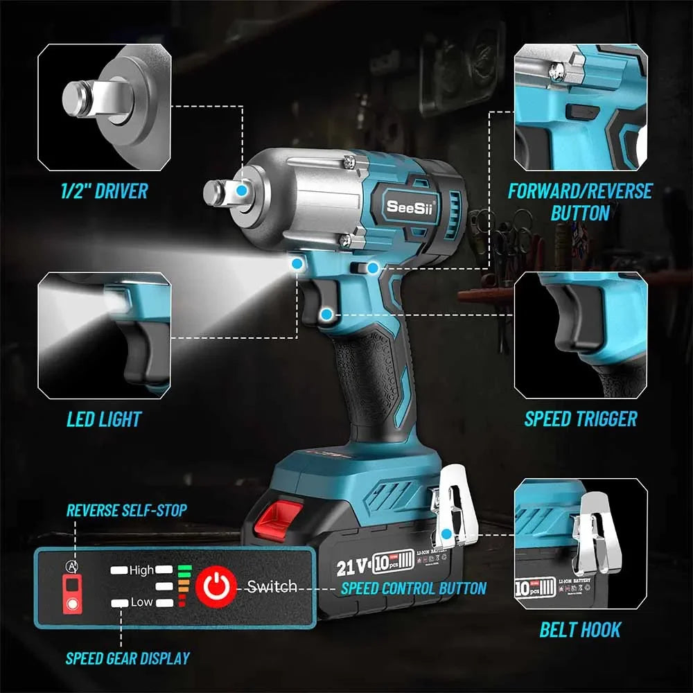 Chave de Impacto Seesii 450N.m Brushless: Alta Performance 1/2" com 2 Baterias 4.0Ah