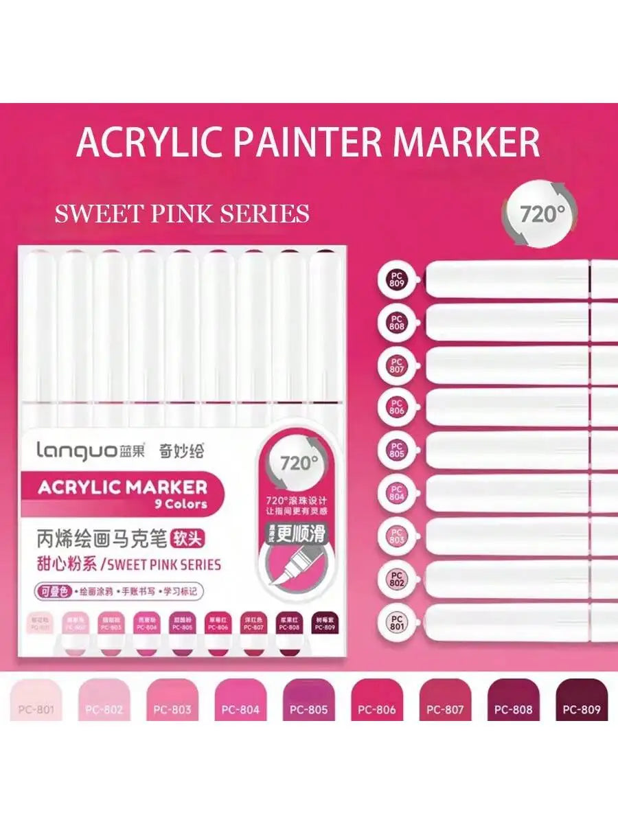 Conjunto 9 Canetas Acrílicas Languo M720 – Pintura Fluida + Pincéis Super Resistentes